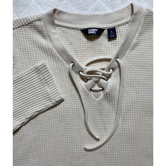 Lands End Women's Large Beige V-Neck Long Sleeve Soft Cable Knit  Sweater -C27 - Picture 2 of 5